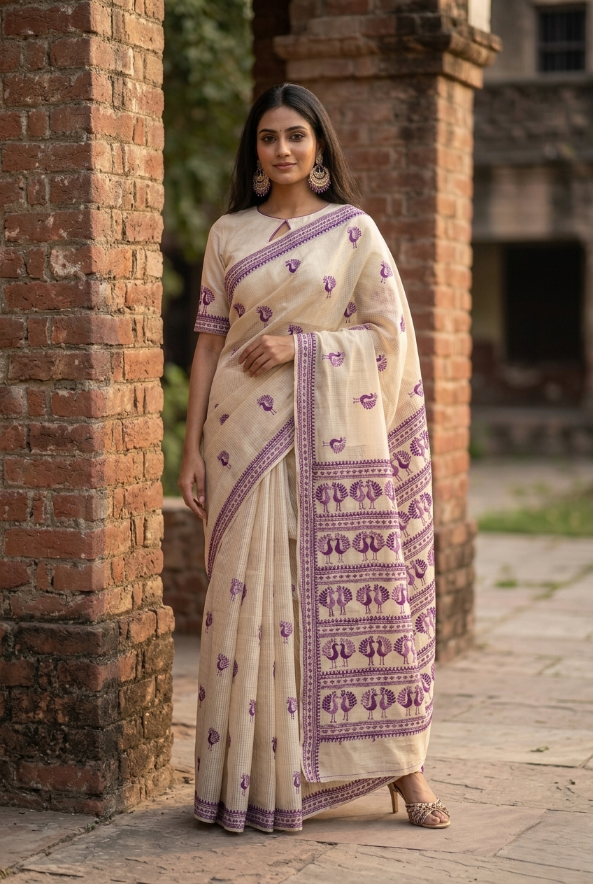 Hand embroidered Phulkari saree for women featuring traditional peacock motifs and intricate Punjabi embroidery.