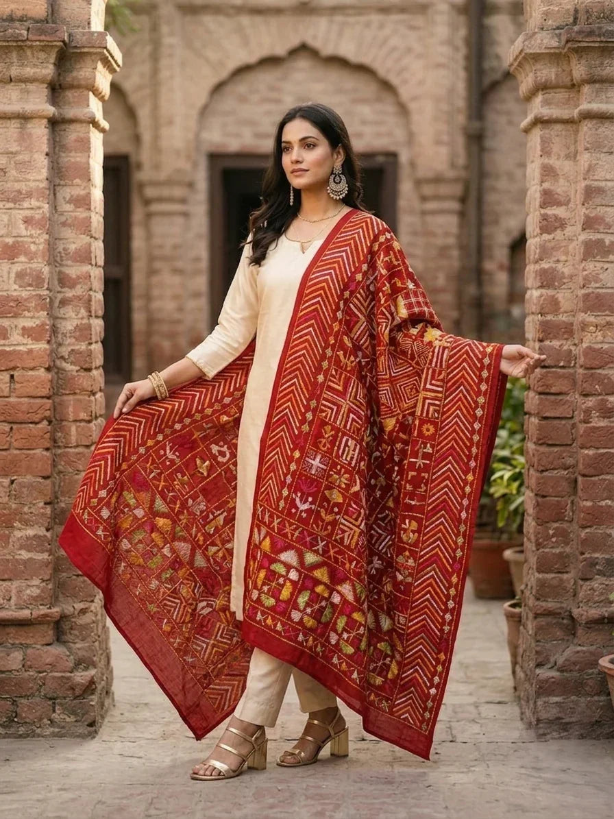 Phulkari Bagh Dupatta – Hand Embroidered Maroon Punjabi Bagh | The Amritsar Store - The Amritsar Store