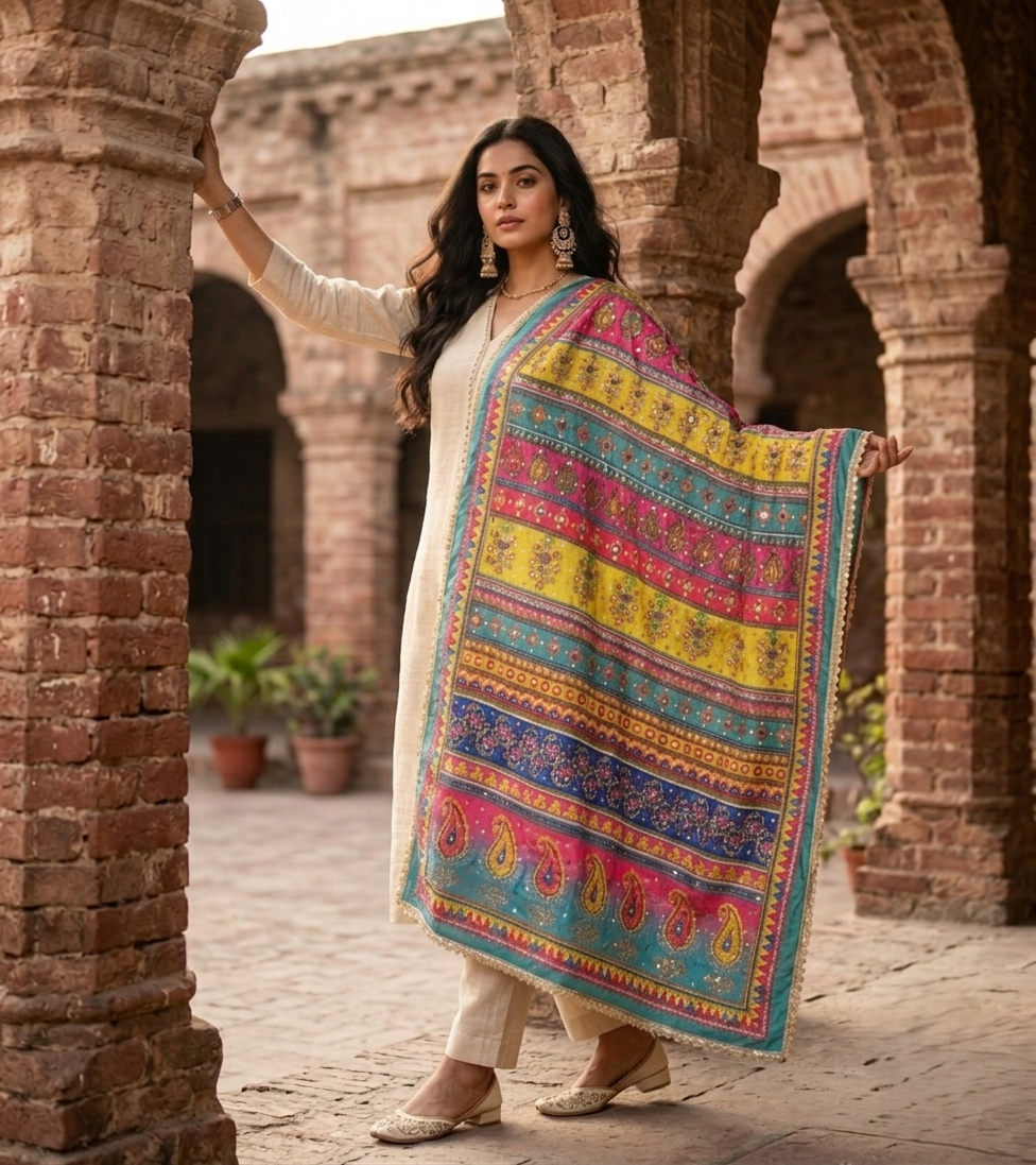 The Amritsar Store embellished dupatta with mirror and stone work detailing, traditional ethnic designer dupatta for women