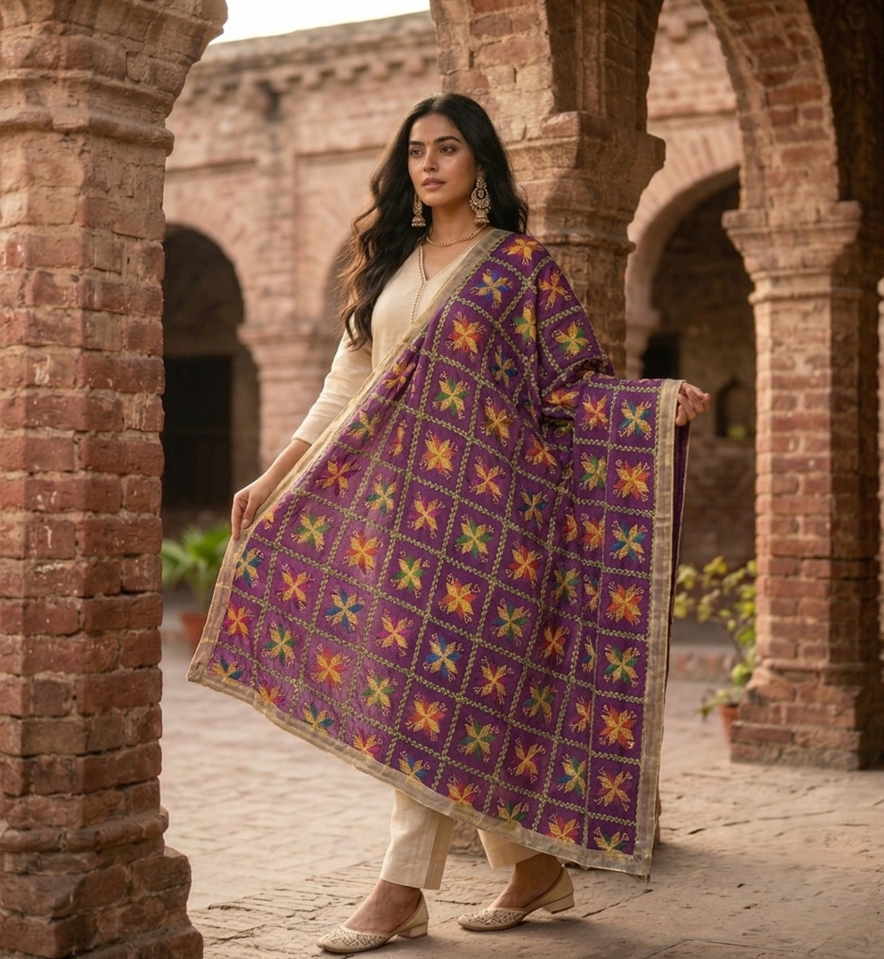 The Amritsar Store embellished dupatta in deep purple base with colorful floral design and intricate detailing, elegant ethnic wear accessory for festive and wedding occasions