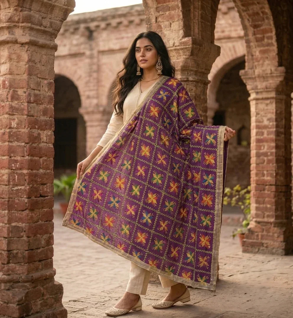 Phulkari Dupatta – Embroidered Purple Punjabi Dupatta | The Amritsar Store - The Amritsar Store