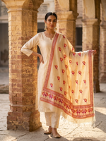 Off White Kota Doria Phulkari Dupatta for Women with Hand Embroidered Traditional Punjabi Floral Design