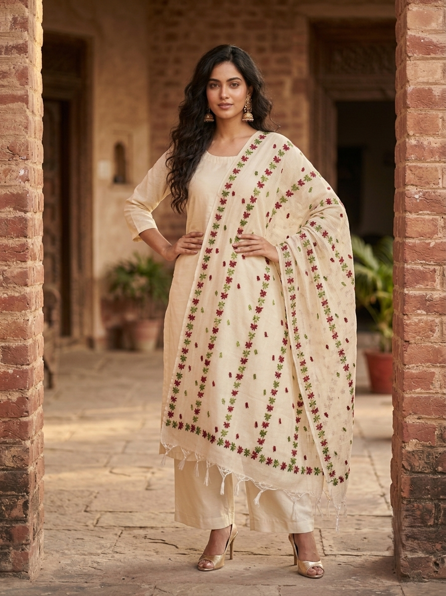 Hand embroidered off white Kota Doria phulkari dupatta for women featuring delicate floral embroidery, lightweight ethnic wrap for traditional and festive wear.