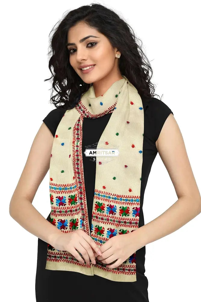 Phulkari Dupatta Hand Embroidered on Lemon Color With Multicolor Threads Phulkari