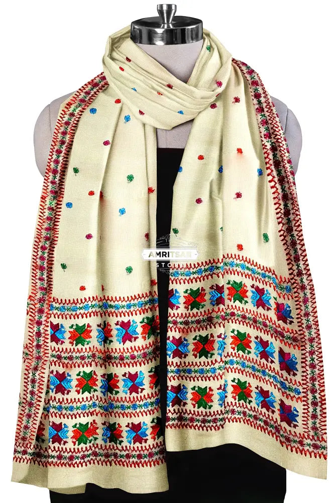 Phulkari Dupatta Hand Embroidered on Lemon Color With Multicolor Threads Phulkari