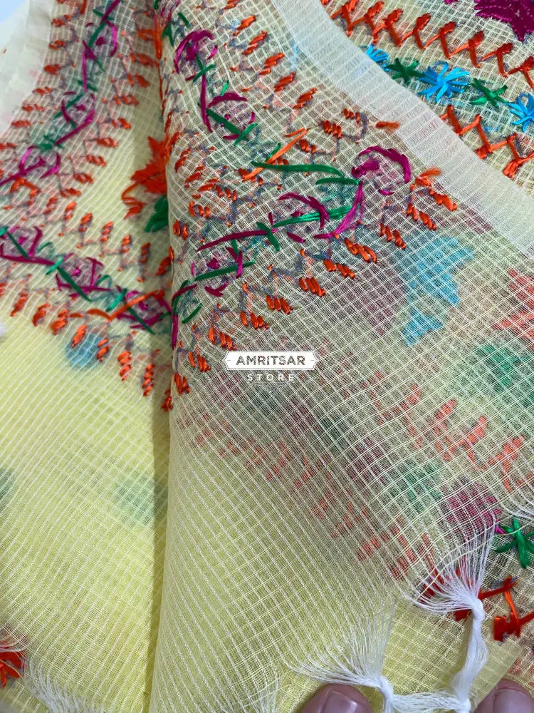 Phulkari Dupatta Hand Embroidered on Lemon Color With Multicolor Threads Phulkari