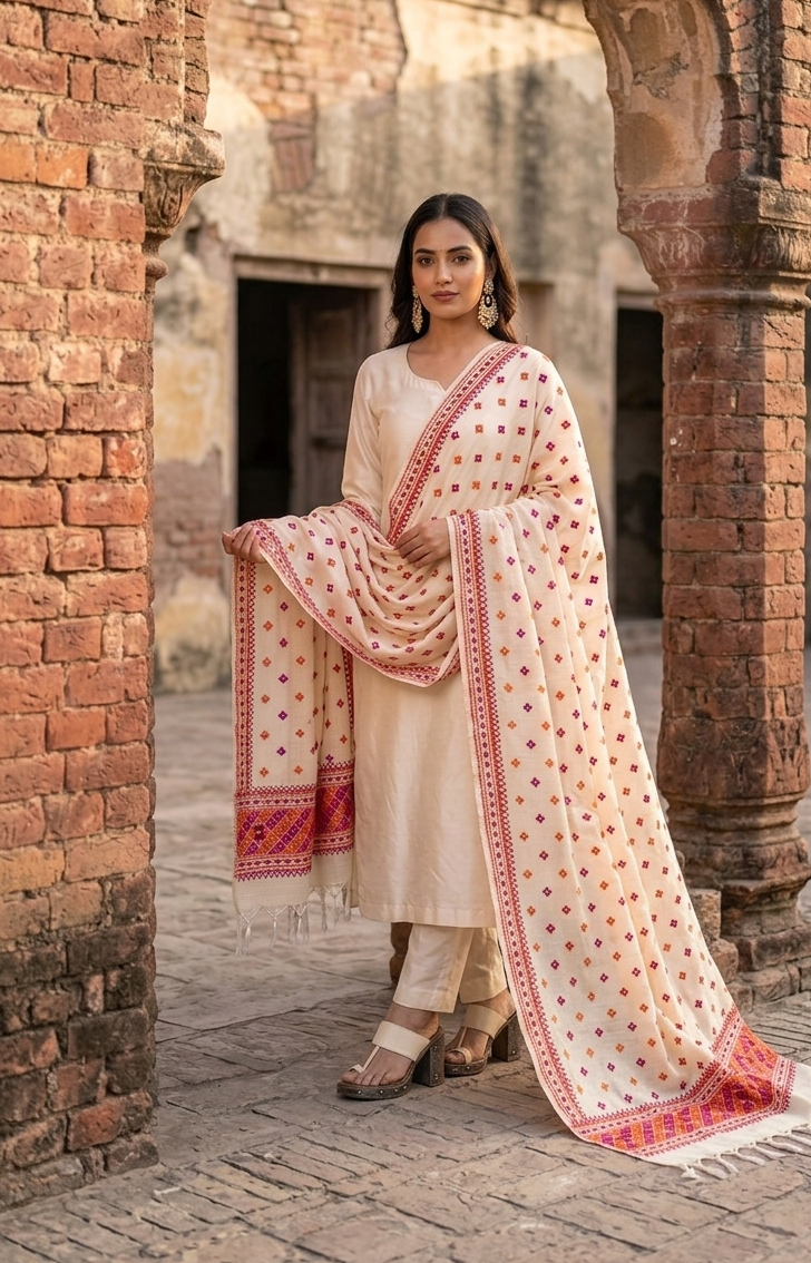 “Orange and pink hand embroidered Phulkari dupatta for women by The Amritsar Store featuring traditional Punjabi embroidery craftsmanship.”