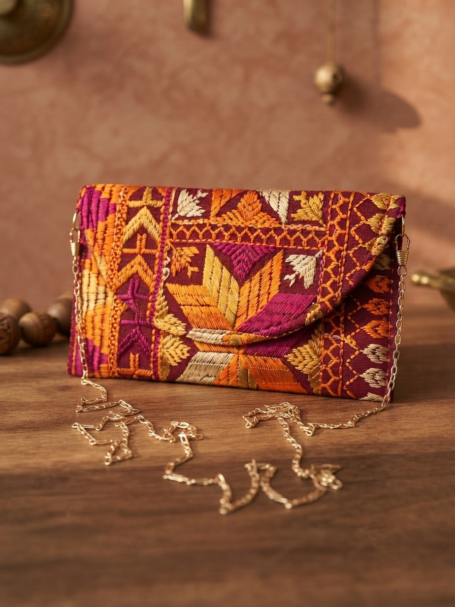 Phulkari embroidered wallet for women with golden chain