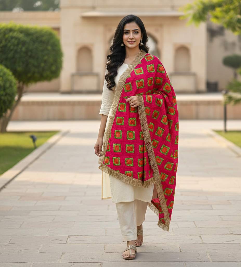 The Amritsar Store Phulkari dupatta with traditional hand embroidery in vibrant Punjabi floral motifs