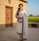 The Amritsar Store Phulkari Hand Embroidered Dupatta in cream color adorned with vibrant multicolor thread work, showcasing traditional Punjabi craftsmanship and elegance.