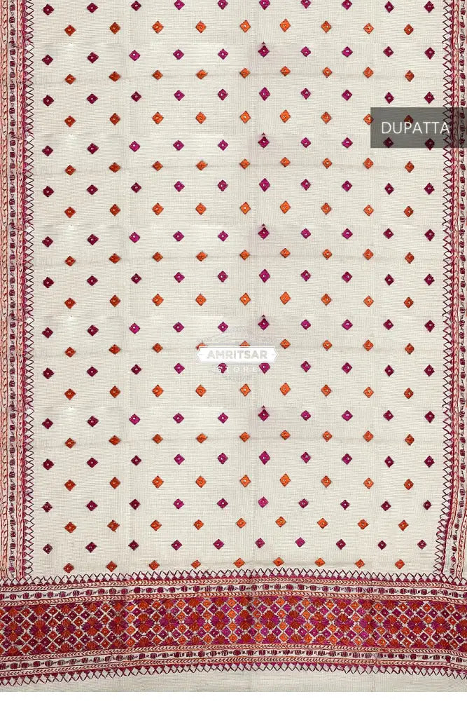 Phulkari Handcrafted Off-White Dupatta with Multicolor Embroidery’ Phulkari