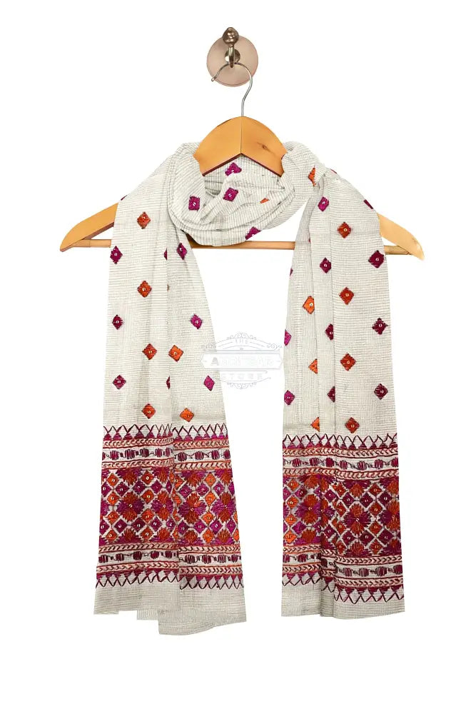 Phulkari Handcrafted Off-White Dupatta with Multicolor Embroidery’ Phulkari
