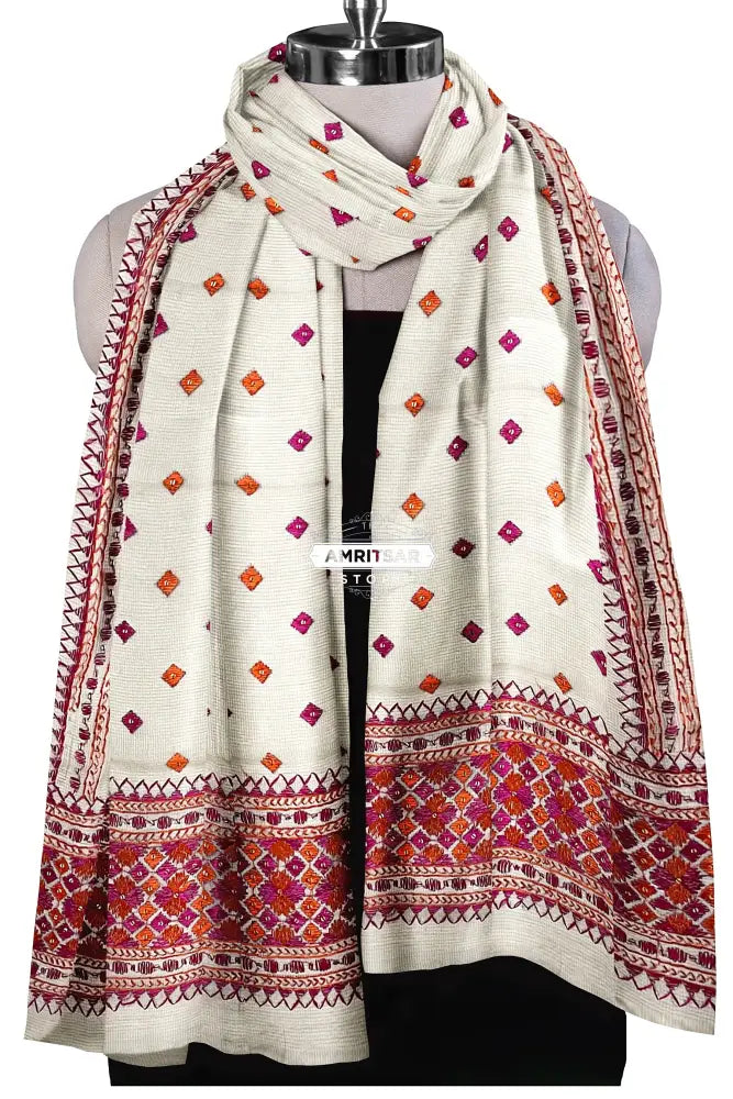 Phulkari Handcrafted Off-White Dupatta with Multicolor Embroidery’ Phulkari