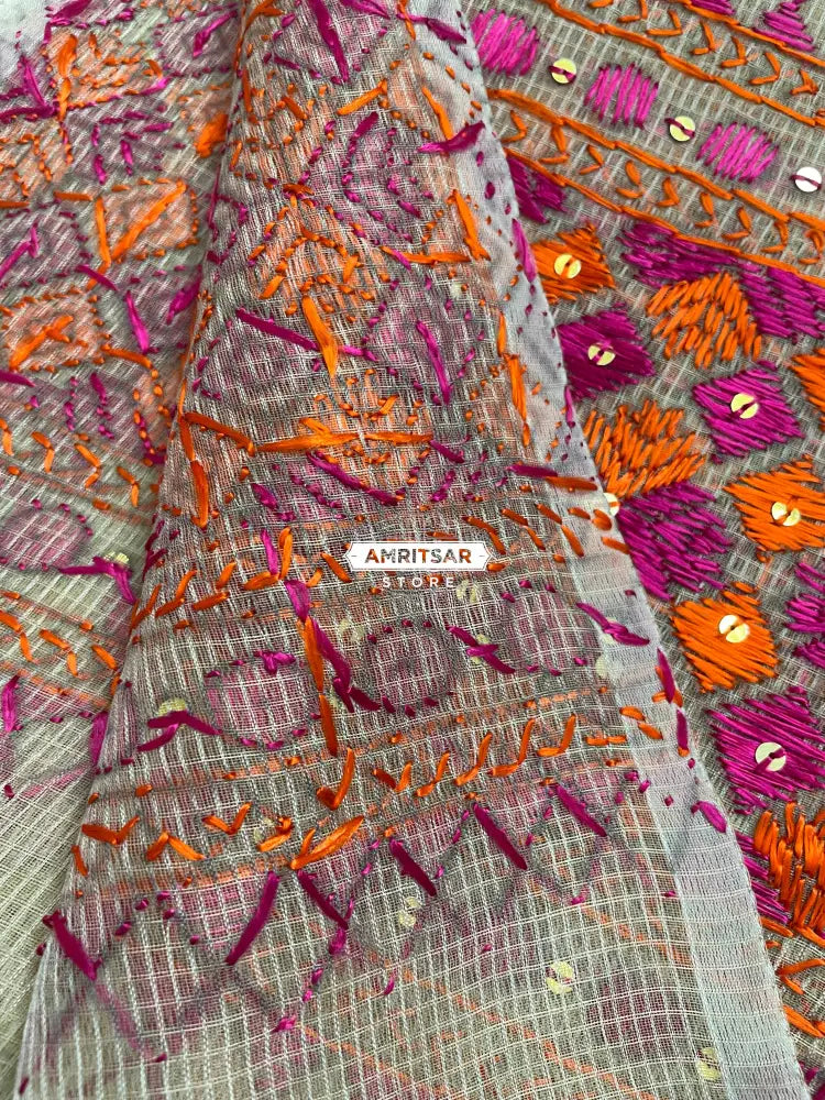 Phulkari Handcrafted Off-White Dupatta with Multicolor Embroidery’ Phulkari