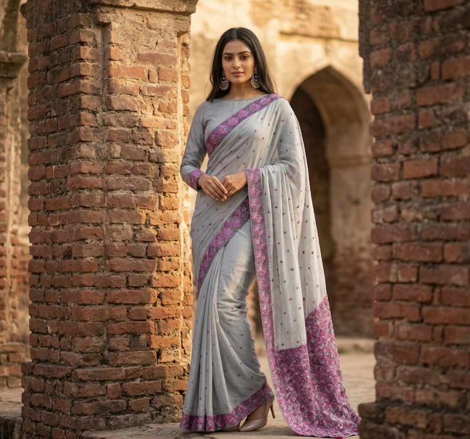 The Amritsar Store Phulkari Saree – Hand Embroidered with Multicolor Threads on Elegant Grey Chinnon Chiffon Fabric