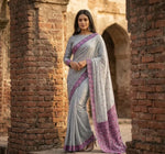 Phulkari Saree – Hand Embroidered Grey Saree with Pink Border | The Amritsar Store - The Amritsar Store