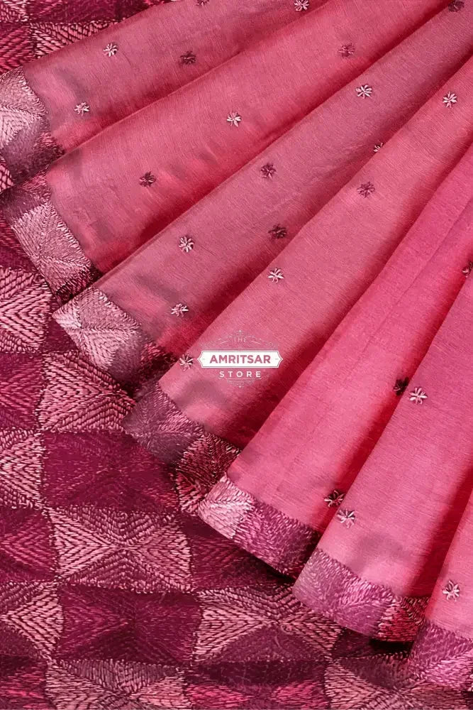 Phulkari Saree Hand-Embroidered in Pink – Celebrate Tradition in Style,The Amritsar Store - The Amritsar Store