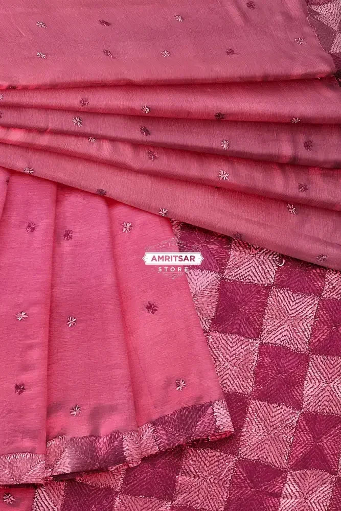 Phulkari Saree Hand-Embroidered in Pink – Celebrate Tradition in Style,The Amritsar Store - The Amritsar Store