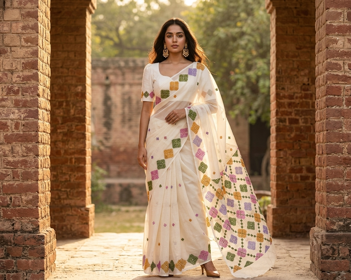 Hand embroidered off white Phulkari Bagh saree featuring traditional Punjabi geometric motifs and artisan craftsmanship.