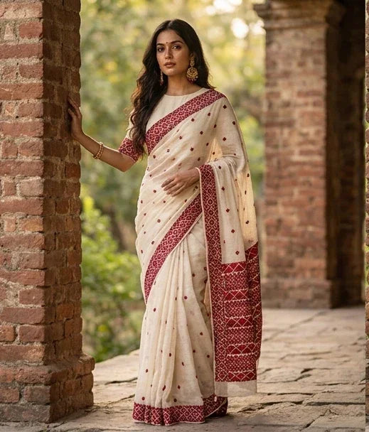 Phulkari Saree – Hand Embroidered White Saree with Maroon Embroidery | The Amritsar Store - The Amritsar Store