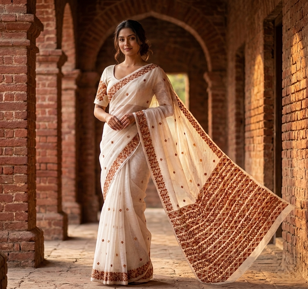 Hand embroidered off white Phulkari saree for women featuring traditional Punjabi embroidery and artisanal craftsmanship.