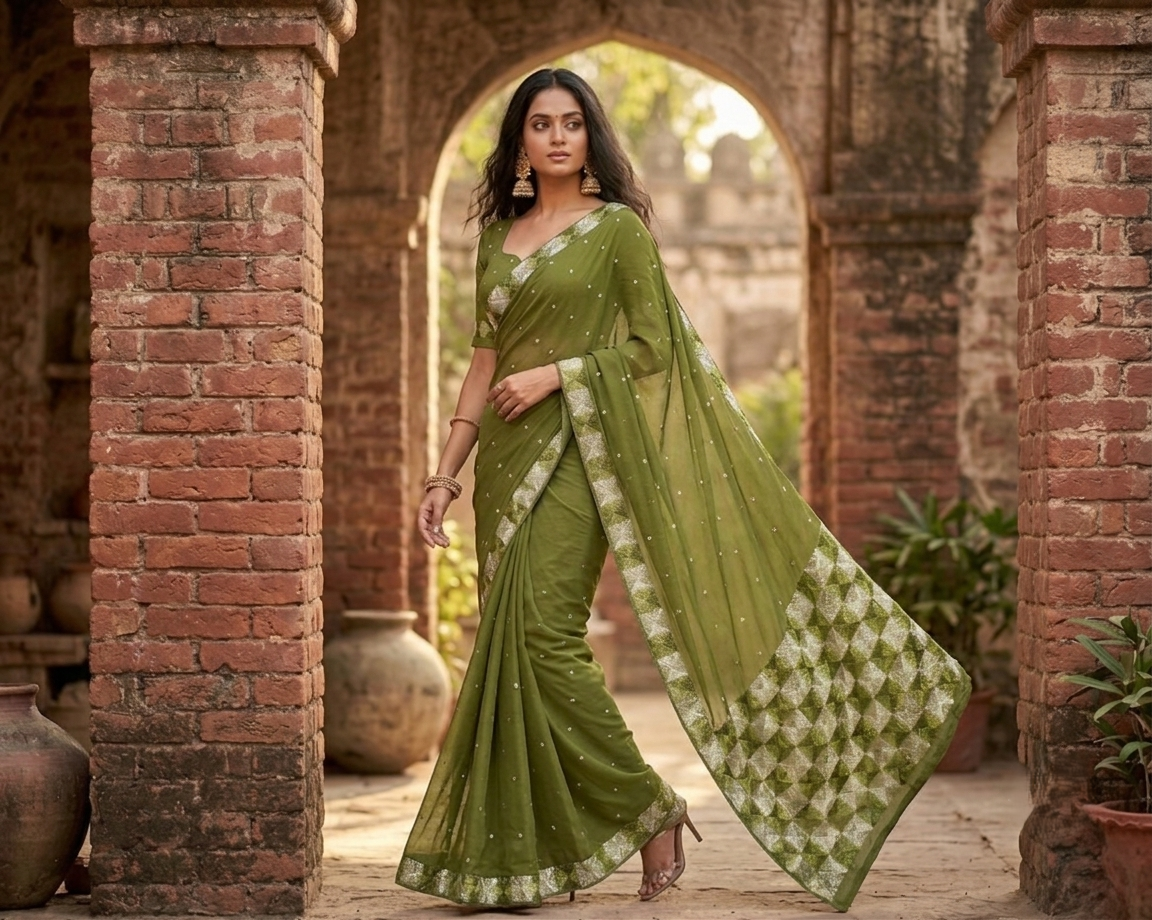 The Amritsar Store Phulkari Saree – Hand Embroidered Traditional Design in Olive Green Colo