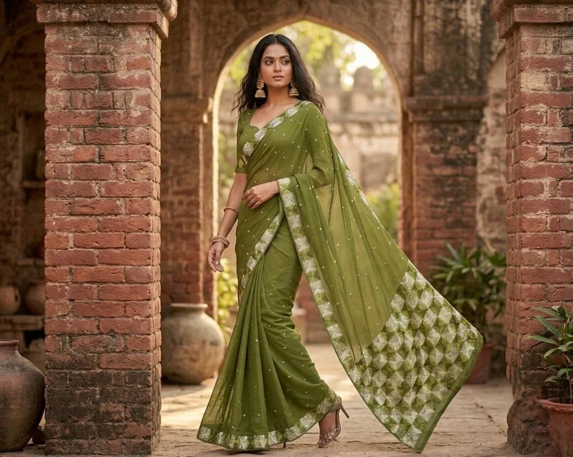 Phulkari Saree – Hand Embroidered Olive Green Saree for Women | The Amritsar Store - The Amritsar Store