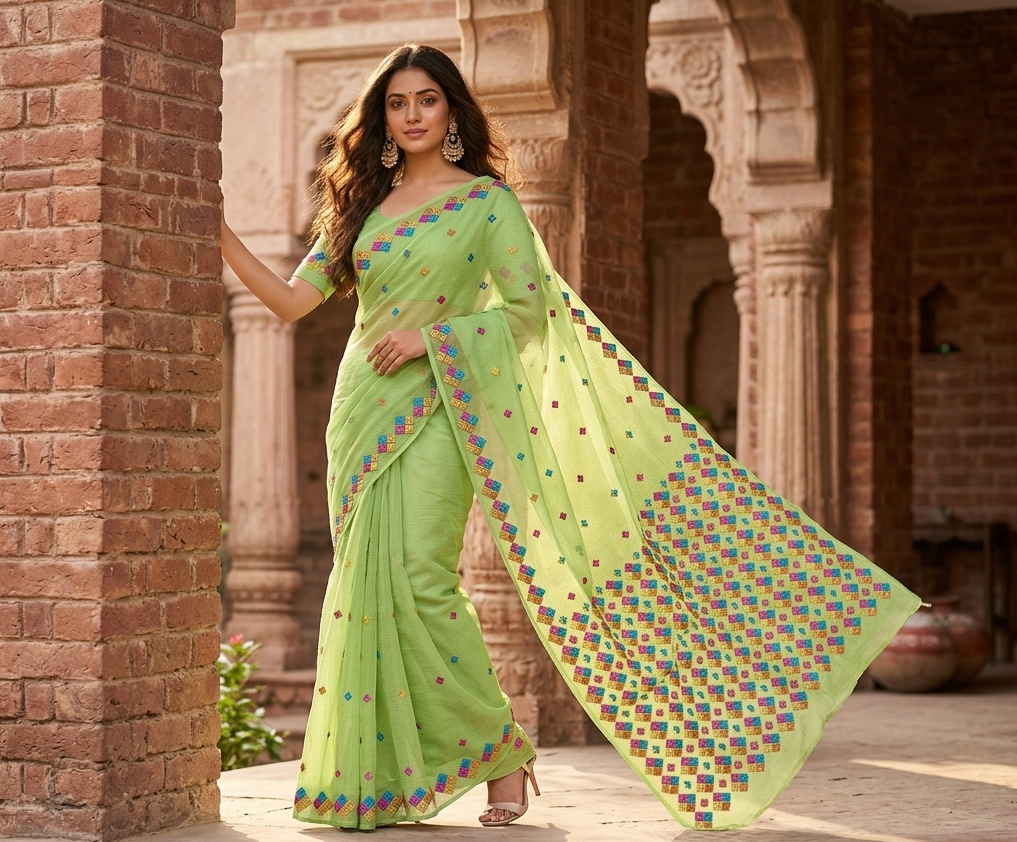 Phulkari Saree – Hand Embroidered Parrot Green Saree for Women | The Amritsar Store