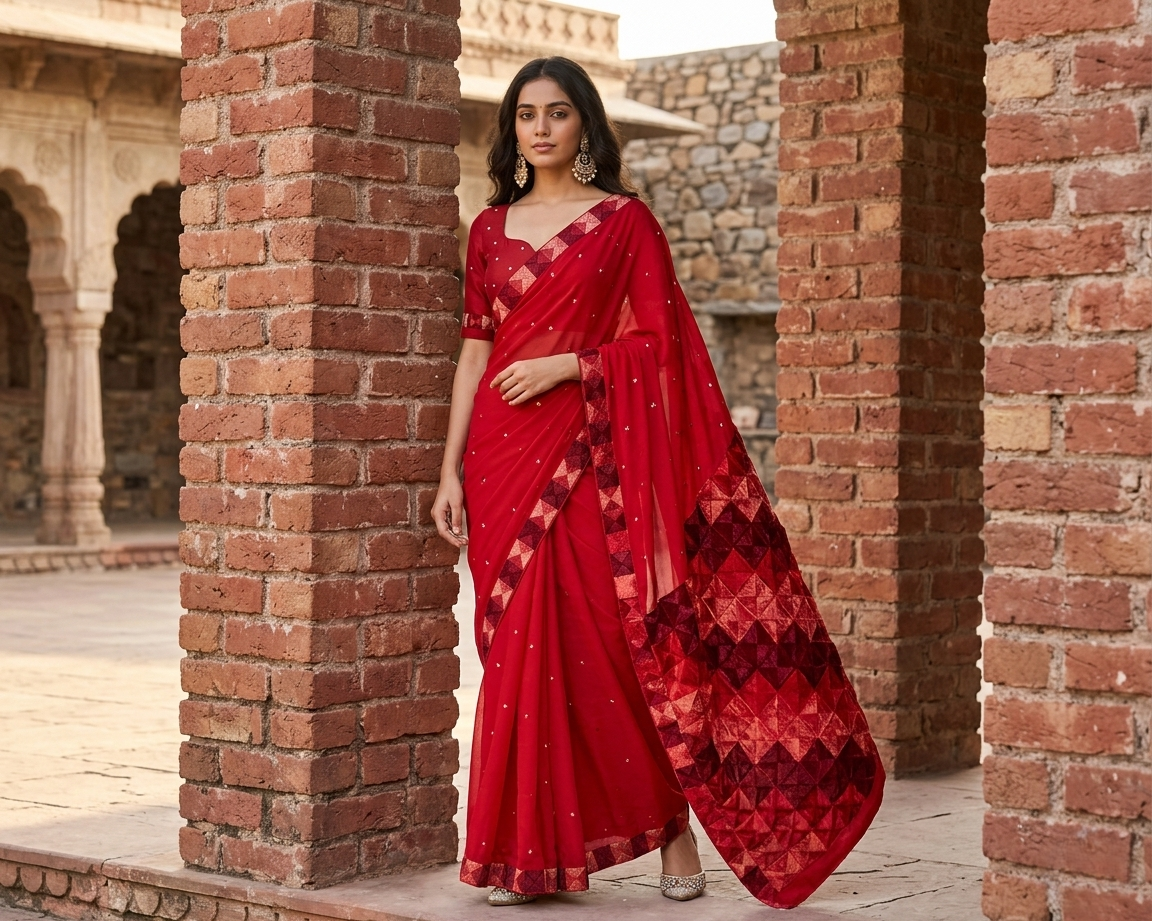 The Amritsar Store Phulkari Saree – Hand Embroidered Red Chinnon Chiffon, Traditional Punjabi Ethnic Attire