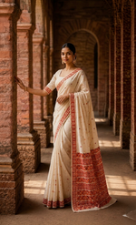 Hand embroidered off white Phulkari saree for women featuring traditional orange and maroon Punjabi embroidery motifs.