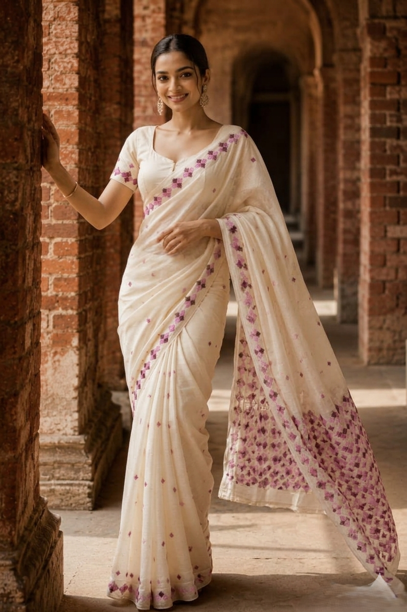 Hand embroidered off white Punjabi Phulkari saree with traditional multicolor Phulkari embroidery
