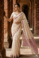 Hand embroidered off white Punjabi Phulkari saree with traditional multicolor Phulkari embroidery
