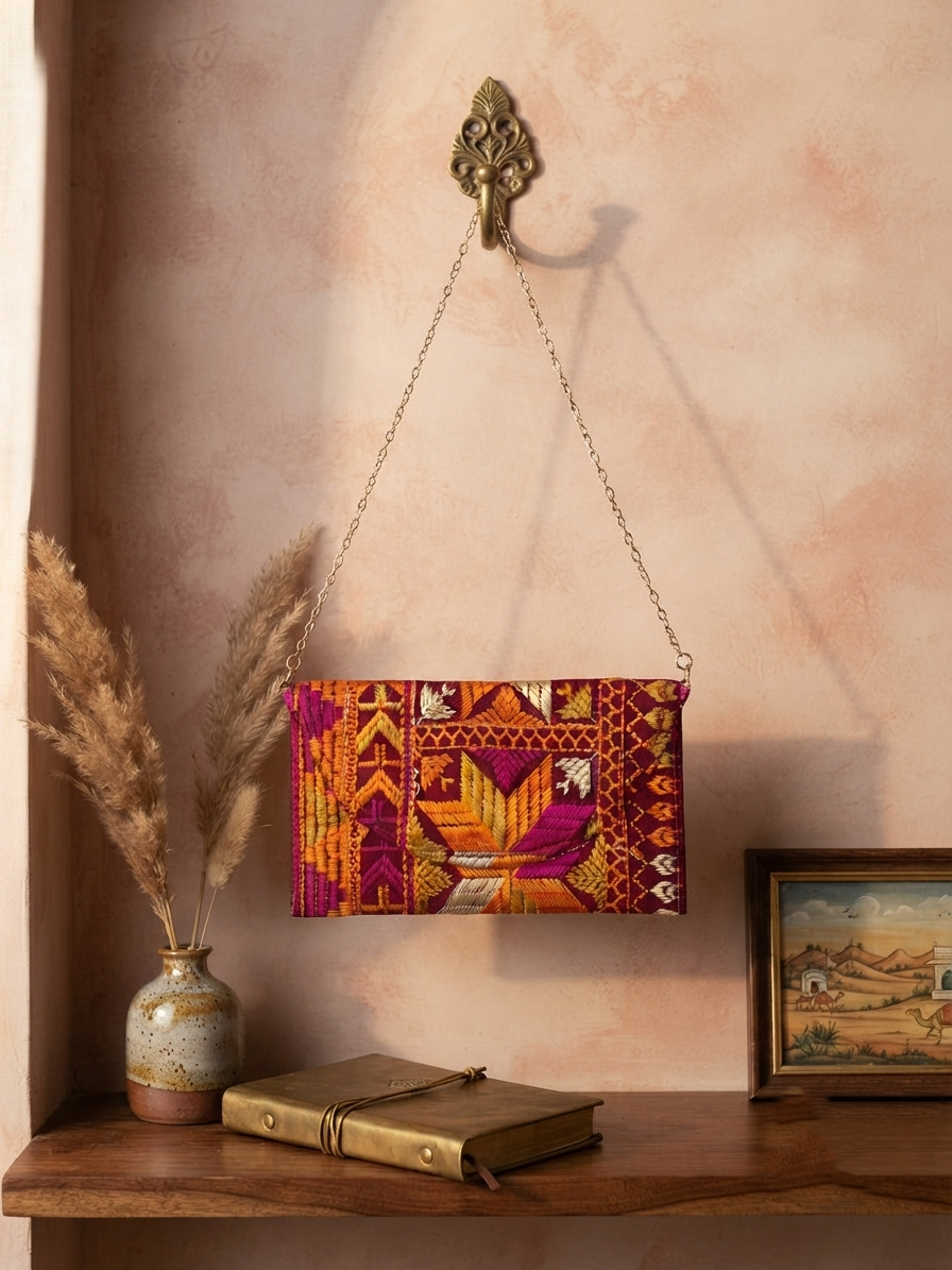 Phulkari embroidered wallet for women with golden chain