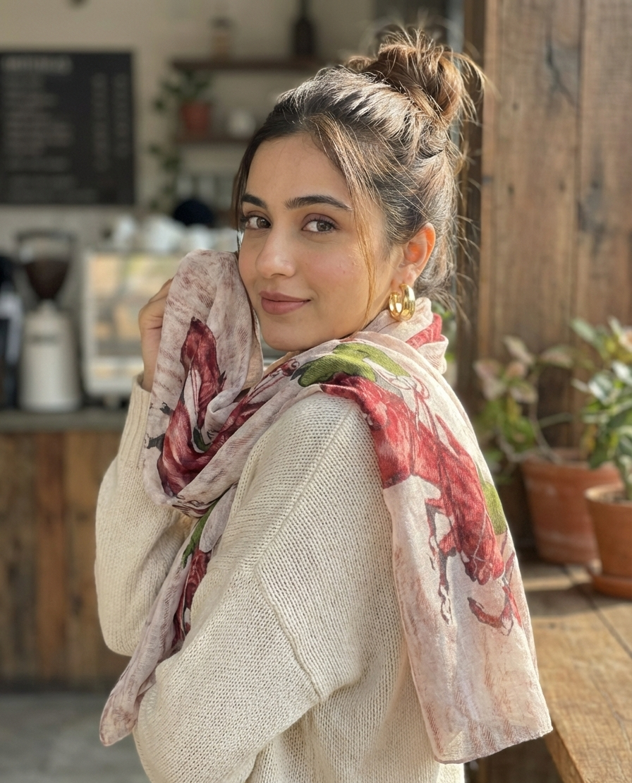 The Amritsar Store vintage horse polo print scarf in beige and rust brown soft wool blend wrap