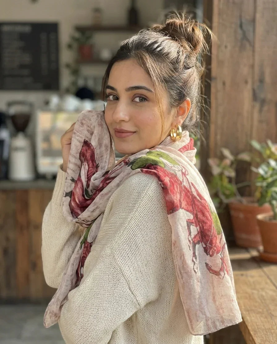 Vintage Horse Polo Print Scarf – Beige & Rust Brown Summer Scarf | The Amritsar Store - The Amritsar Store