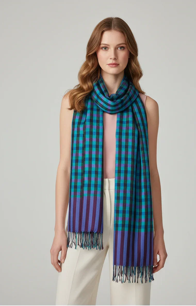 The Amritsar Store ,Multicolor Bamboo Silk Scarf, Soft & Fine Quality with Check Pattern Reversible - The Amritsar Store