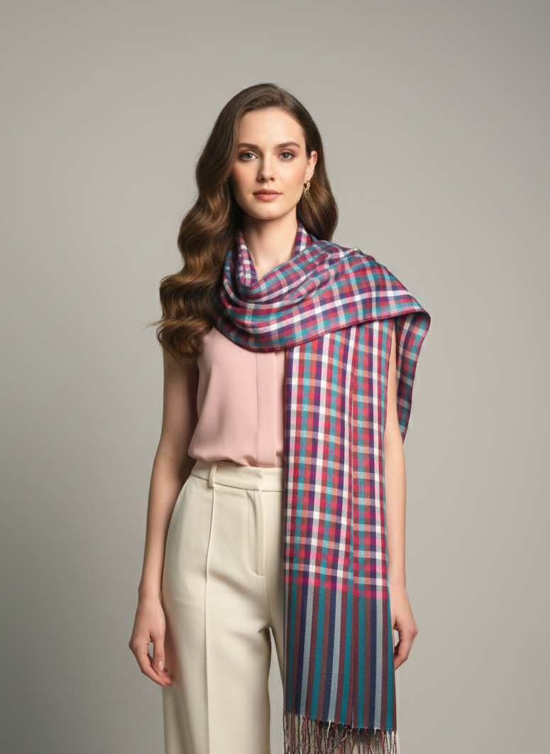 Women Scarf, Multicolor Bamboo Silk Scarf, Soft & Fine Quality with Check Pattern All Season Stole Size 2.00 MTR X 0.70 MTRWeight 120 Grams - The Amritsar Store