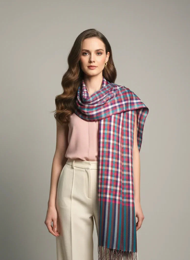 The Amritsar Store, Multicolor Bamboo Silk Scarf, Soft & Fine Quality with Check Pattern All Season - The Amritsar Store