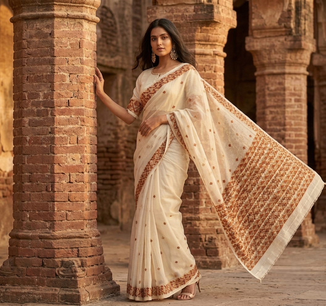 Hand embroidered off-white Phulkari saree for women featuring traditional Punjabi craftsmanship