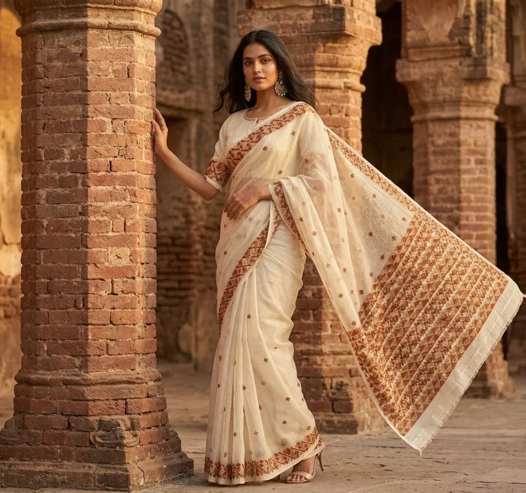 Phulkari Saree – Hand Embroidered Off White Punjabi Saree | The Amritsar Store - The Amritsar Store