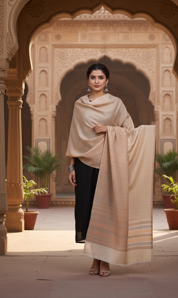 The Amritsar Store women’s elegant reversible shawl in taupe with subtle striped design