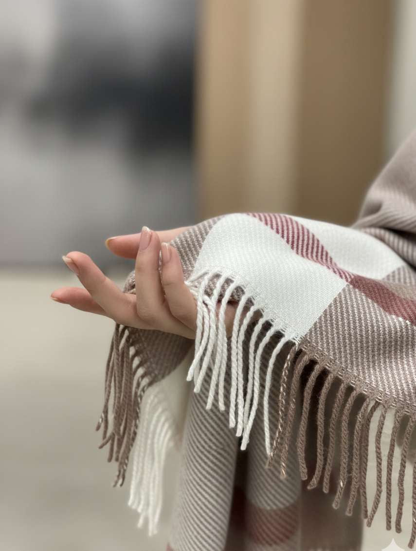 The Amritsar Store Classic Taupe & Ivory Check Wool Scarf – Soft Warm Winter Scarf for Women”