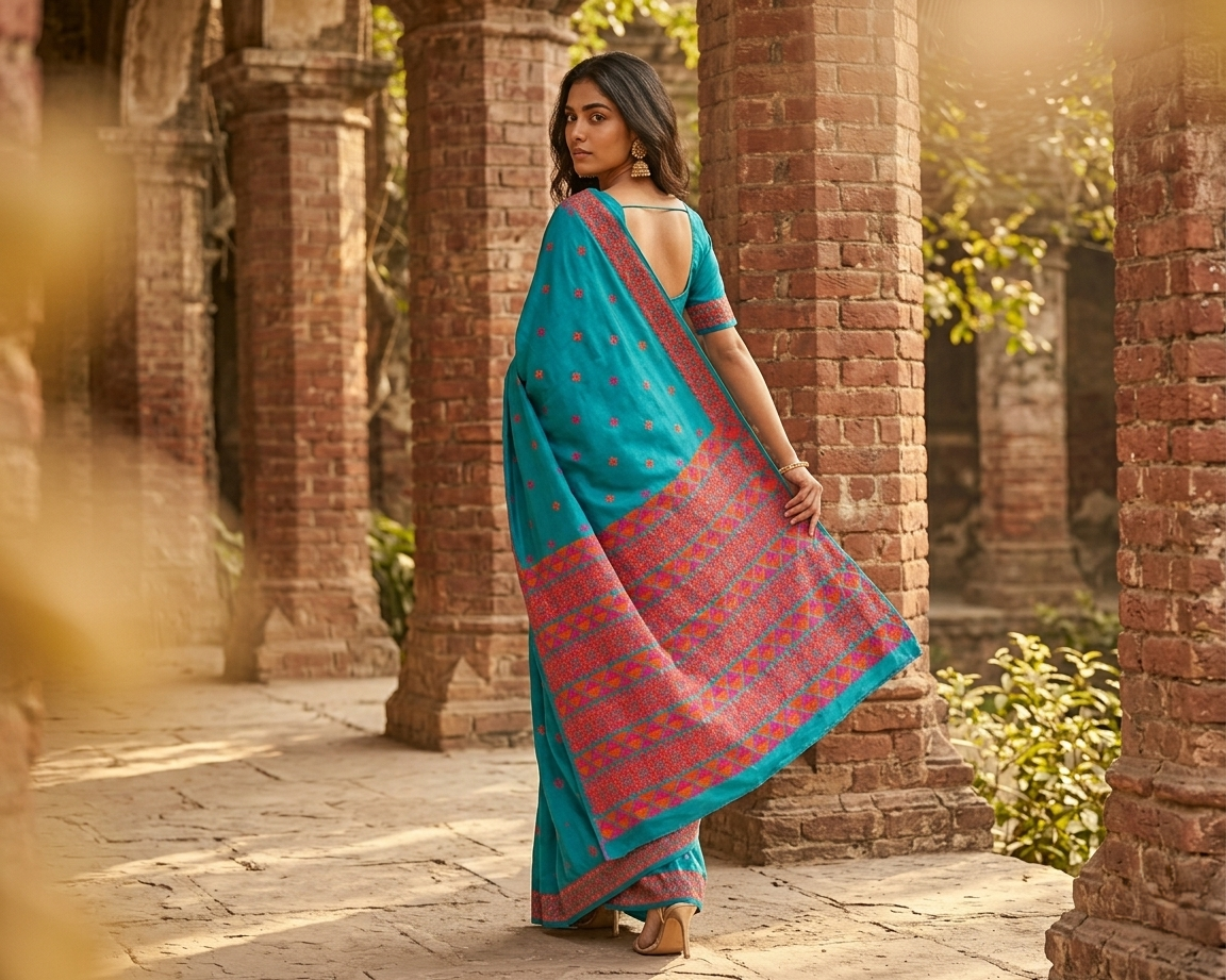 Hand embroidered teal blue Phulkari saree for women featuring traditional Punjabi embroidery
