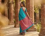 Phulkari Saree – Hand Embroidered Teal Blue Saree for Women | The Amritsar Store - The Amritsar Store