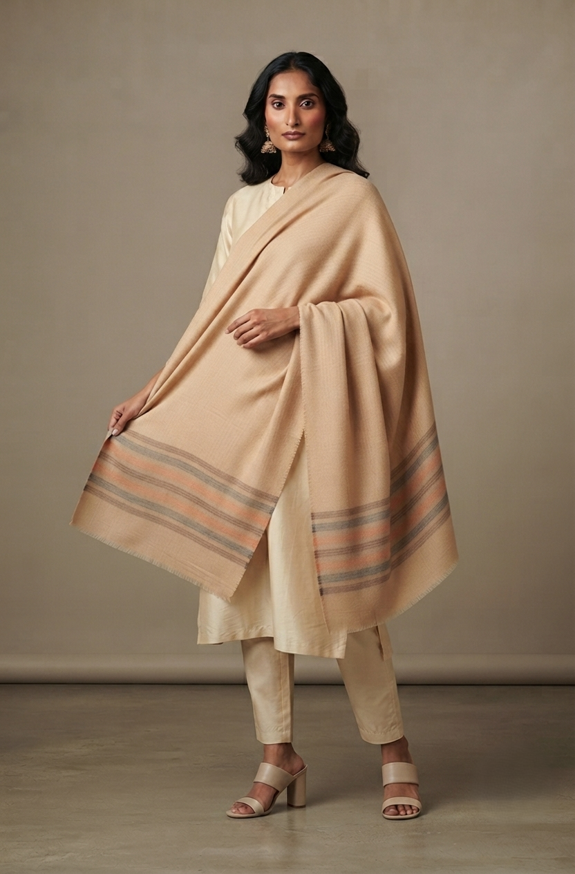 Women's elegant reversible taupe stripe shawl with a soft woven finish, designed for versatile everyday wear by The Amritsar Store.