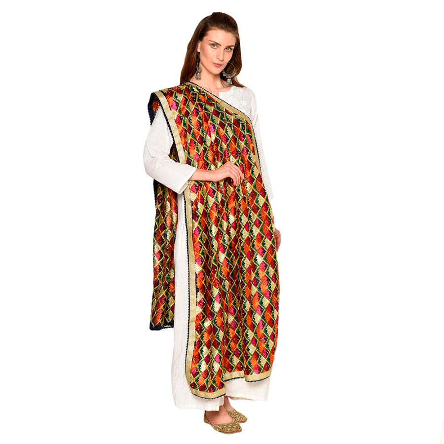 Multicolored Thread Embroidery Phulkari Full Jaal Dupatta By The Amritsar Store - The Amritsar Store