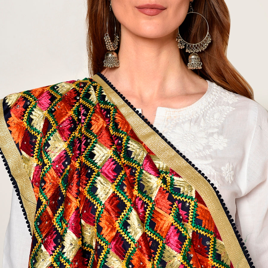 Multicolored Thread Embroidery Phulkari Full Jaal Dupatta By The Amritsar Store - The Amritsar Store