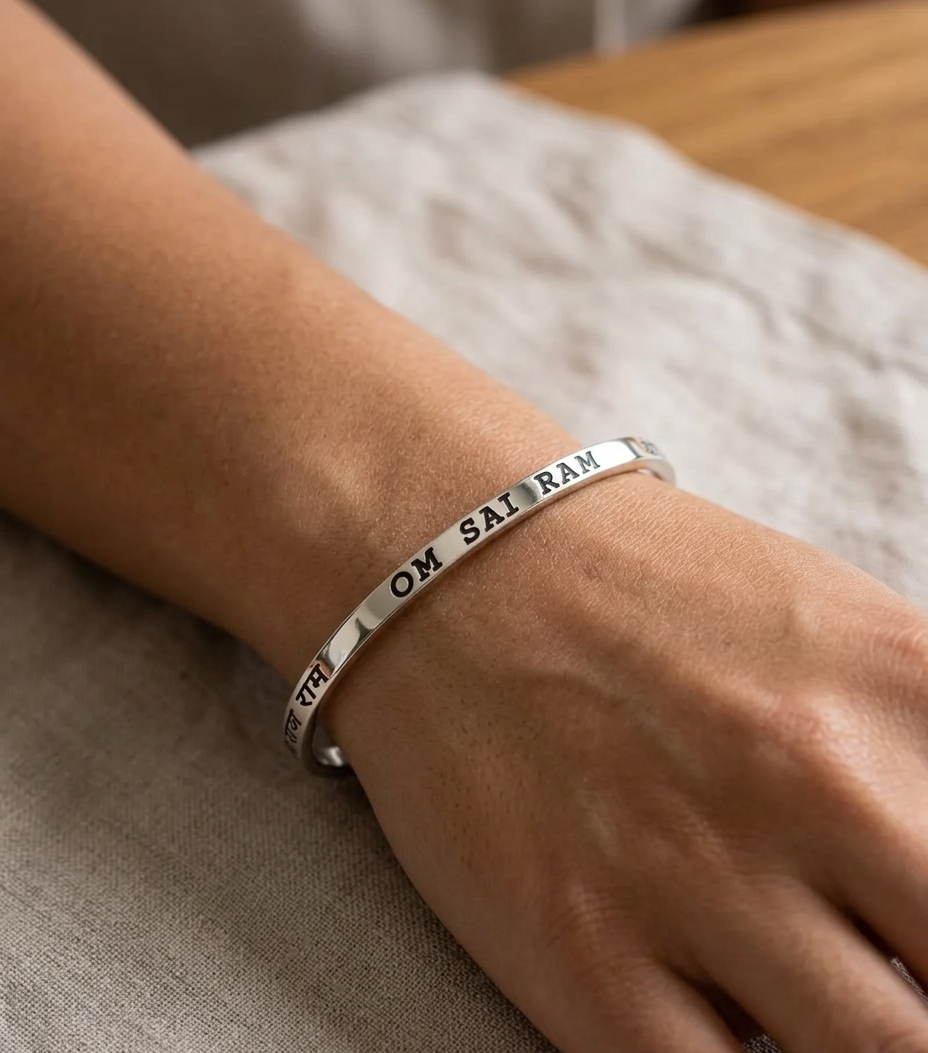Punjabi men’s stainless steel Kada laser marked with "Om Sai Ram" religious engraving by The Amritsar Store
