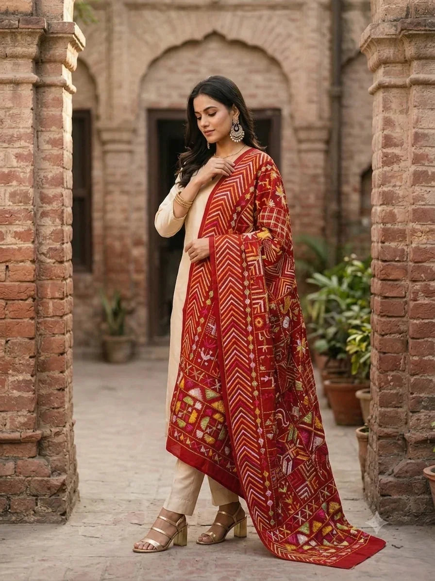 Phulkari Bagh Dupatta – Hand Embroidered Maroon Punjabi Bagh | The Amritsar Store - The Amritsar Store