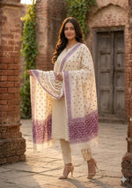 Phulkari Dupatta – Hand Embroidered Off White with Purple Embroidery | The Amritsar Store - The Amritsar Store